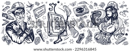 Hip hop music. Old school tattoo collection. Rap girl, swag woman, boom box. African American man rapper in baseball cap. Audio cassette, break dance. Tattooing musical black and white style