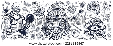 Circus. Old school tattoo vector collection. Clown, strong man with dumbbells, fortune teller woman, magic trick, rabbit in a magician hat. Traditional black and white style