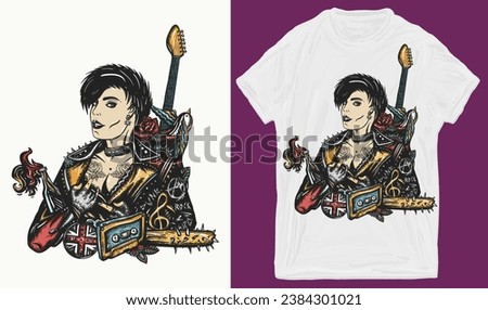 Punk girl. Woman rock musician and electric guitar. Punker with mohawk hairstyle, guitarist. Hooligans lifestyle. Anarchy art. Street music culture.. Creative print for clothes. T-shirt design