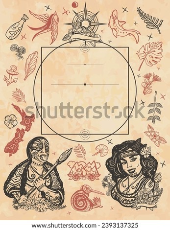 New Zealand. Old paper vector. Cover page template. Ethnic Polynesian woman in traditional costume. Aboriginal tribes, Maori warrior grimace. Kiwi bird, mountains, map, compass. Tradition and people