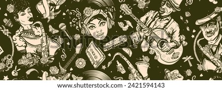 Music pattern. Blues, funk, soul and jazz musical background. African American funky girl, bluesman playing slide guitar, beautiful black woman and saxophone. Multicultural art. Musicians lifestyle