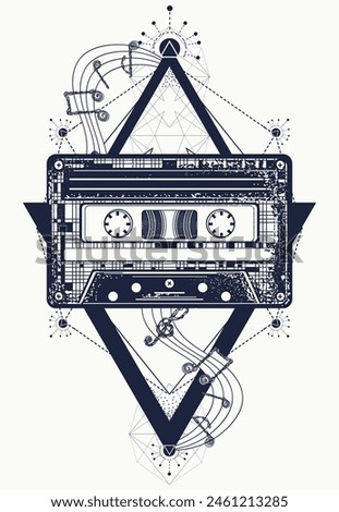 Music tattoo. Audio cassette type, and musical notes. Sacred geometry. Symbol of retro nostalgia, 80th and 90th. disco. T-shirt design art