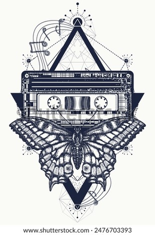 Music tattoo. Audio cassette type, butterfly and musical notes. Sacred geometry. Symbol of retro, romantic, nostalgia, 80th and 90th. disco. T-shirt design art