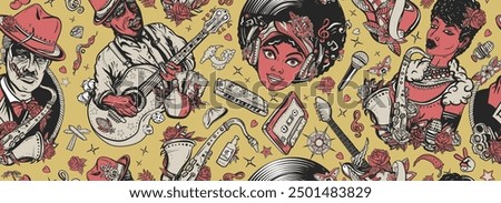 Music pattern. Multicultural art. Musicians lifestyle. Blues, funk, soul and jazz musical background. African American funky girl, bluesman playing slide guitar, beautiful black woman and saxophone