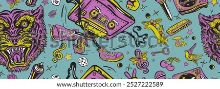 Musical street culture. art. Audio cassette dances break dance and tiger face. Hip hop and rap seamless pattern. Old school tattoo style. Music and life