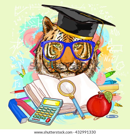 Education hipsters animals students tiger goes to school vector illustration 