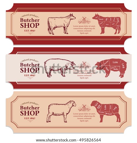 Butcher shop label fresh beef, pork, lamb vintage hand drawn vector 