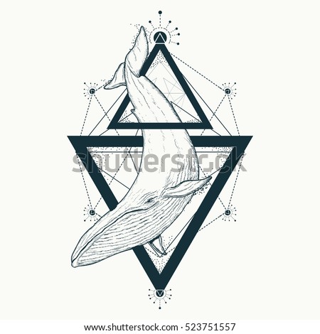 Whale tattoo geometric style. Mystical symbol of adventure, dreams