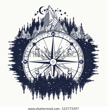 Mountain antique compass and wind rose tattoo art. Adventure, travel, outdoors, symbol. Compass in night forest t-shirt design