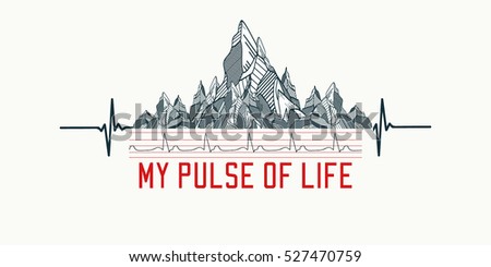 Mountains tattoo art, t-shirt design, slogan my pulse of life. Mountains, symbol travel, tourism, extreme sports and rock climbing tribal style