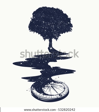 Magical tree tattoo art, river of stars, psychology symbol, tourism, travel. Surrealist concept of life and immortality. Star Compass t-shirt design 