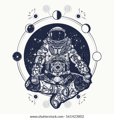Astronaut in the lotus position tattoo art and t-shirt design. Symbol of meditation and harmony, yoga. Spaceman yoga 商業照片 © 