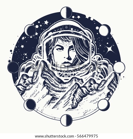 Woman astronaut tattoo art. Spaceman exploring new planets. Mountains on Mars. Symbol of space travel, scientific research t-shirt design 