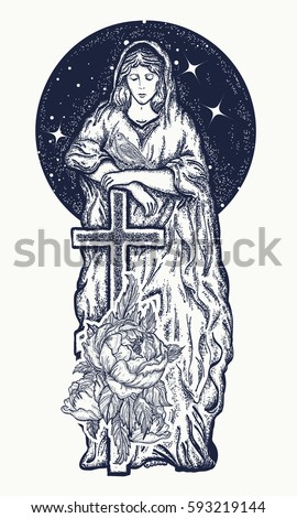 Virgin Mary tattoo art. Symbol of Christianity, religion, mother of Christ 