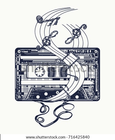 Old audio cassette and music notes, symbol of pop music, disco t-shirt design 