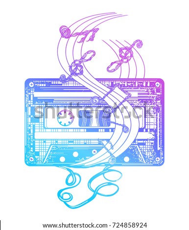 Audio cassette and music notes. Symbol of retro music, nostalgia, 80th and 90th tattoo and t-shirt design 