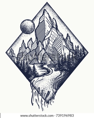 Mountain and river tattoo and t-shirt design. Meditation symbols, travel, tourism. Outdoors concept 