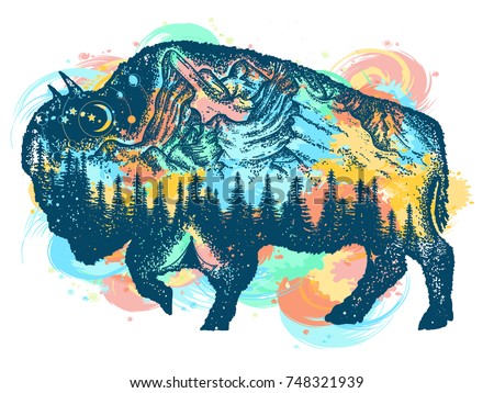 Buffalo bison color tattoo art. Mountain, forest, night sky. Travel symbol, adventure, tourism
