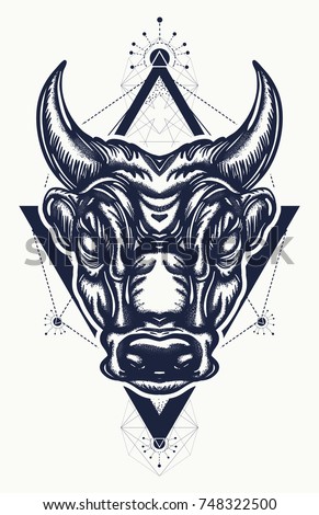 Bull tattoo and t-shirt design. Ancient Rome and Greece concept war t-shirt design. Minotaur, symbol of bravery, fight, hero, army 