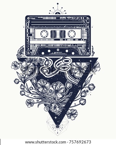 Audio cassette and graceful flowers in mystical triangle tattoo and t-shirt design 