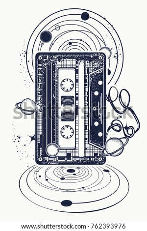 Audio cassette, music notes and universe tattoo and t-shirt design. Symbol of retro nostalgia, 80th and 90th, disco t-shirt design 