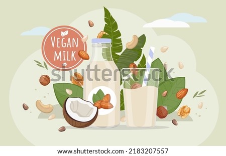 Vegan milk concept. Alternative non-dairy vegetarian drink for plant based diet, healthy organic lactose free nut milk from almonds, cashews, pine nuts, coconut or walnuts in bottle and glass.