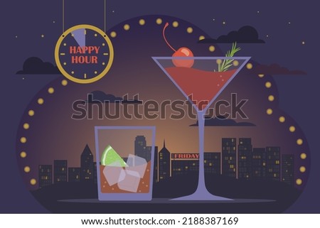 Friday night, cocktail party, happy hour concept. Alcoholic cocktails rum cola and cosmopolitan, backdrop of night big city, lights, skyscrapers and sky, hanger with text. Relax in the bar