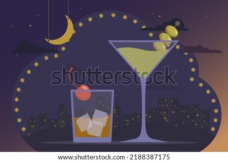 Friday night, cocktail party concept. Alcoholic cocktails martini and negroni, backdrop of night big city, lights, skyscrapers and sky. Relax in the bar, festive atmosphere