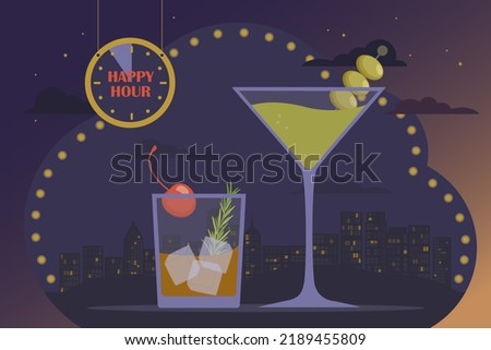 Friday night, cocktail party, happy hour concept. Alcoholic cocktails old fashioned and martini, backdrop of night big city, lights, skyscrapers and sky, hanger with text. Relax in the bar