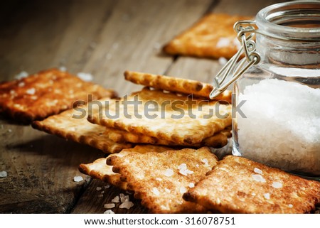 Salty cracker and sea salt in a pot on a dark wooden background, toned image, selective focus