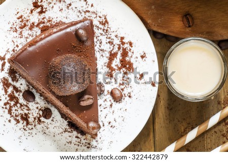 piece of chocolate cake, top view, selective focus