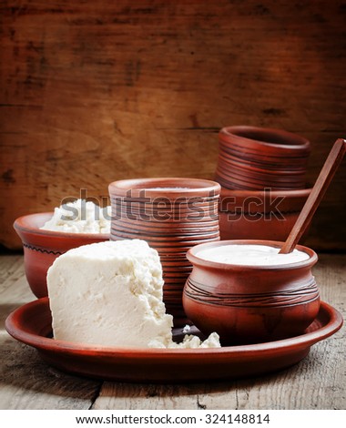 Rural farm dairy products: milk, sheep\'s cheese, cottage cheese in pottery in an old rustic background, selective focus