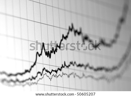 Graph of financial data on a computer monitor showing increasing value. Shallow depth of field