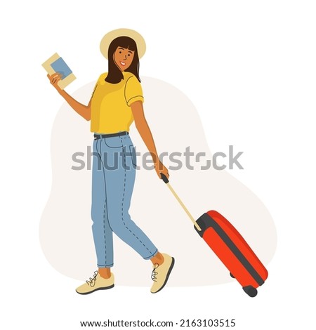 Young Woman with a Suitcase goes on vacation. Girl with a Suitcase and a passport with boarding pass tickets. Travel concept, flat vector illustration.	