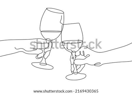 Continuous single Line drawing of Glasses of with drink. People Clink Glasses of Wine. Minimalist linear concept of celebrate and cheering. Vector illustration.
