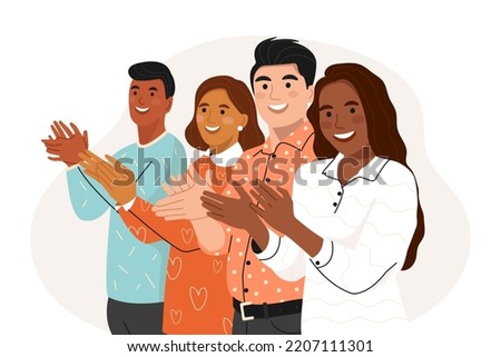 Smiling multicultural People Clapping Hands thanking or Showing appreciation at event. People Applaud celebrate good deal. acknowledgement and Gratitude. Flat vector illustration.