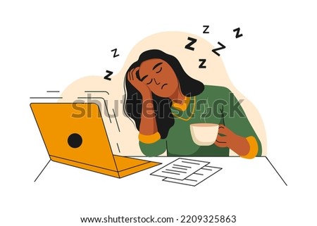 African american woman is Tired of working on a Laptop. The girl wants to Sleep. She holds a cup of Coffee in her hands and falls Asleep. Vector illustration on the theme of eye health and Fatigue. 