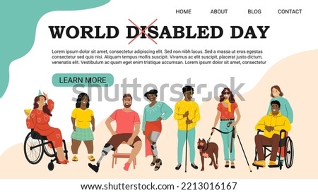 World Disabled day. Landing page or web banner concept. People with Disability, Diversity and Inclusion. Flat vector illustration in cartoon style.