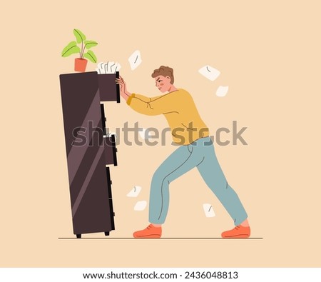 Guy closes cabinet filled with papers and documents, and experiences difficulties due to bureaucracy. Casual man is forced to deal with paperwork and bureaucracy, leading to burnout