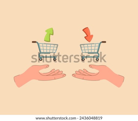 Shopping baskets in hands people exchanging consumer goods indirectly to avoid having to use money. Shopping baskets with up and down arrows symbolize retail business and food industry