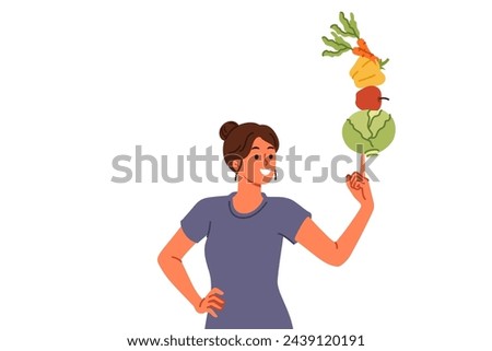 Woman follows balanced diet of vegetables and fruits leads healthy lifestyle thanks to proper nutrition. Vegetarian girl recommends new diet to detoxify body and lose excess weight.