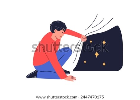 Man looks at starry sky hidden under fabric, experiencing curiosity at sight of unknown starry space. Concept of searching for latent or non-obvious opportunities and ways to achieve your goals