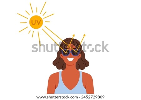 Woman uses sunglasses to protect eyes from ultraviolet radiation and avoid damage to retina from bright rays. Girl wears sunglasses, using preventive measures against occurrence of vision cancer