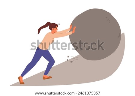 Suffering woman suffers from overload pushing large stone uphill, for concept of huge problems. Girl in need of help and experiencing discomfort from overload caused by complex work tasks