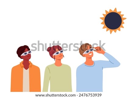 People view solar eclipse using disposable glasses to observe rare astronomical phenomenon. Happy children laugh and rush to school to be on time for start of lessons on first of september