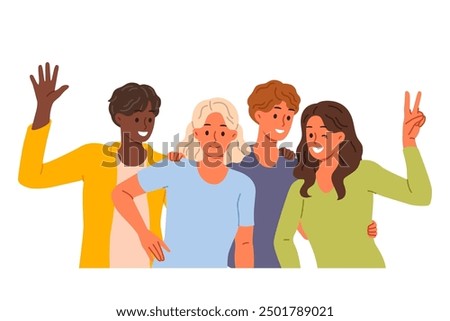 Multiethnic people pose for group portrait with friends during friday night party. Student friends of different nationalities smile and wave, happy to meet again and have opportunity to communicate.