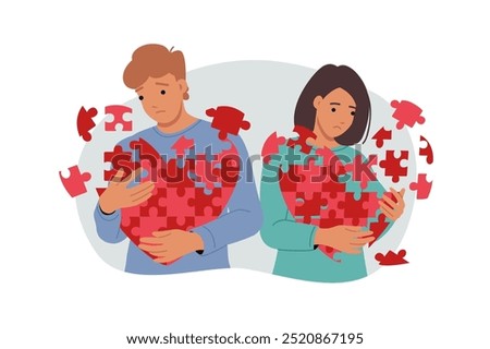 Relationship problems for romantic couple feeling death of love and holding disintegrating hearts. Depressed man and woman need family psychologist to maintain strong relationship.