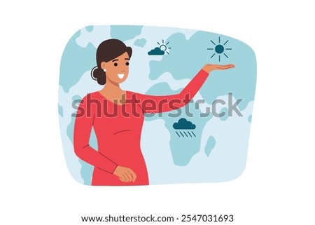 Woman presenting weather forecast points with hand at map with symbols of climate and predicted precipitation. Weather forecast from positive girl announcing approach of cyclone or anticyclone