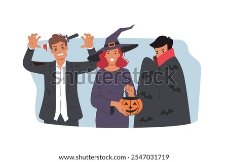 People in halloween costumes make menacing looks to scare friends celebrating october 31st. Participants of masquerade in honor of halloween in form of witch and zombie or count dracula