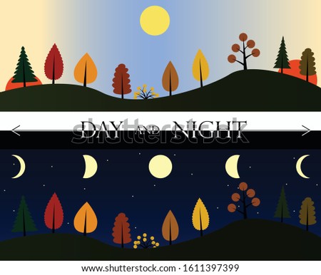 Colorful vector illustrations of autumnal forest at daytime and at night as well as sun and moon cycle. Black and white text 